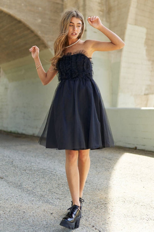 Newly Engaged Mesh Ruffle Tube Top Swing Dress