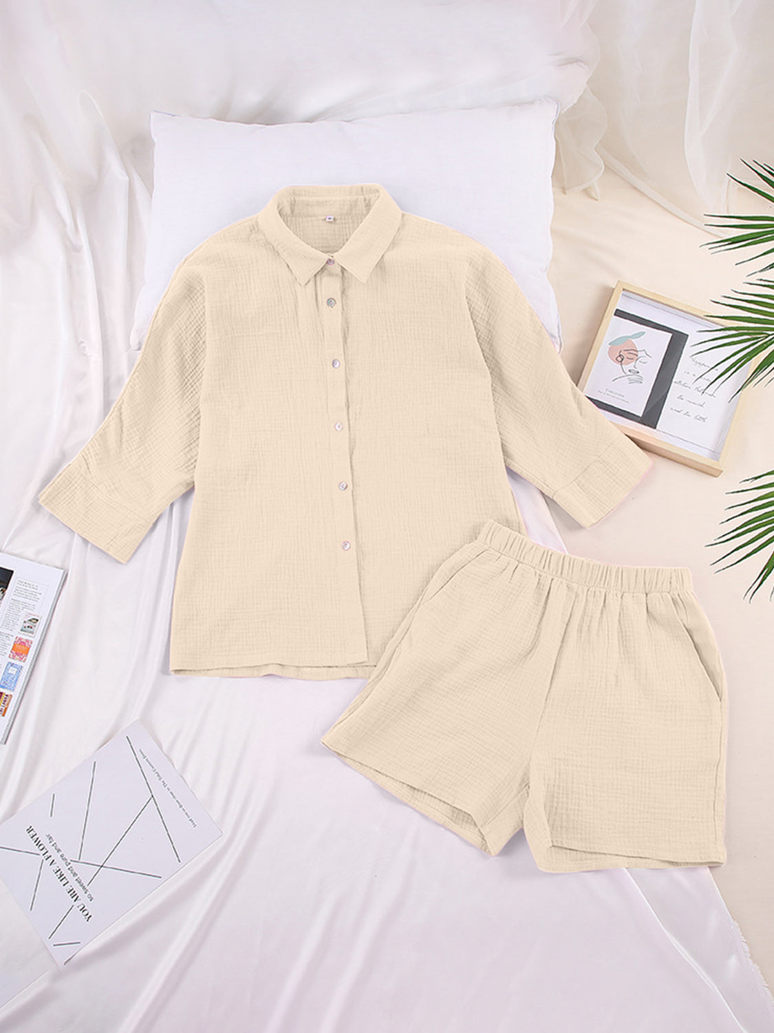 Newly Engaged Texture Button Up Shirt and Shorts Set