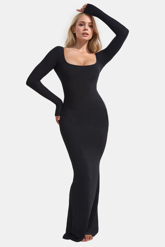 Newly Engaged Built-In Shapewear Square Neck Long Sleeve Maxi Dress