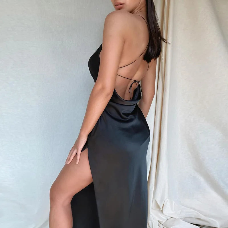 Newly Engaged Satin Silky Spaghetti Strap Split Long Dress Backless Draped Bodycon