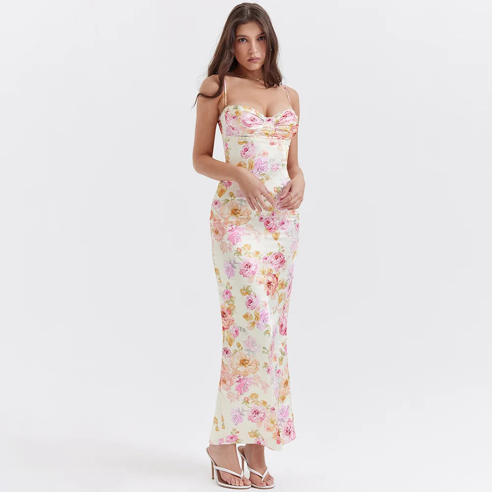 Newly Engaged Spaghetti Strap Floral Print Party Dresses Elegant Maxi Bodycon Dress