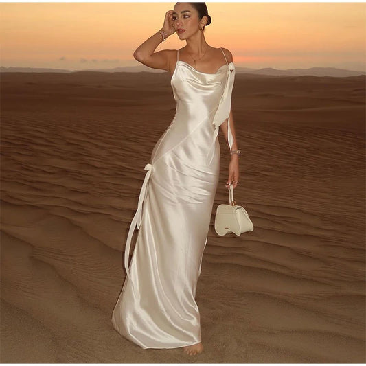 Newly Engaged White Ribbon Silk Satin Sling Elegant Swing Collar Backless Dress