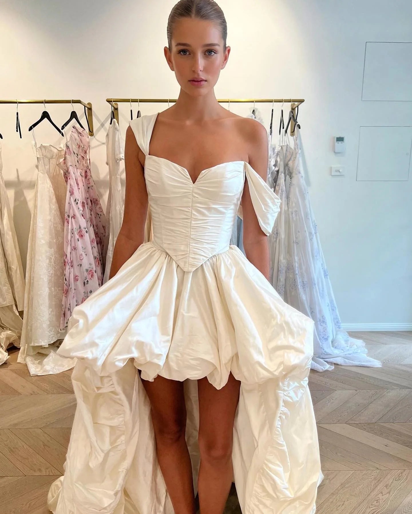 Newly Engaged Sweetheart Pleat Off The Shoulder Dress