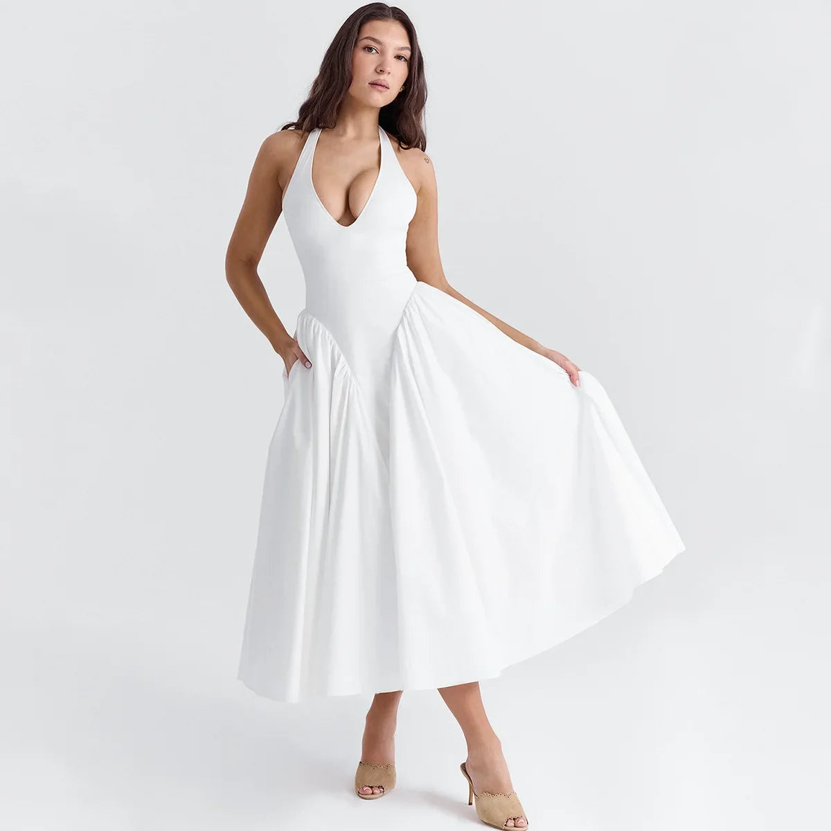 Newly Engaged Maxi Dresses New in Halter White Backless Long Flare Dress