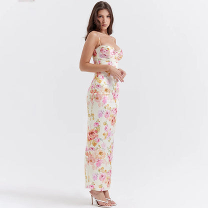 Newly Engaged Spaghetti Strap Floral Print Party Dresses Elegant Maxi Bodycon Dress