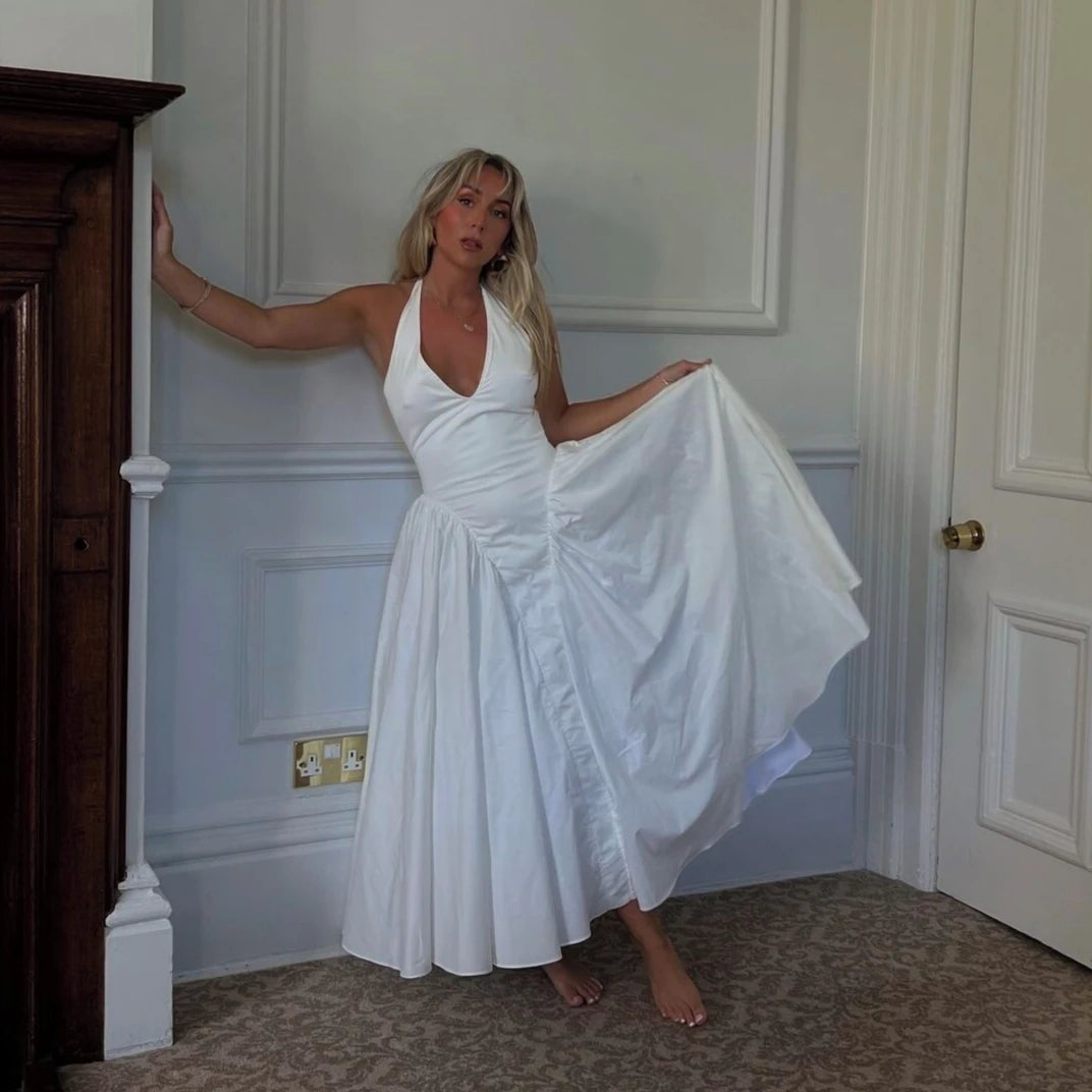 Newly Engaged Maxi Dresses New in Halter White Backless Long Flare Dress