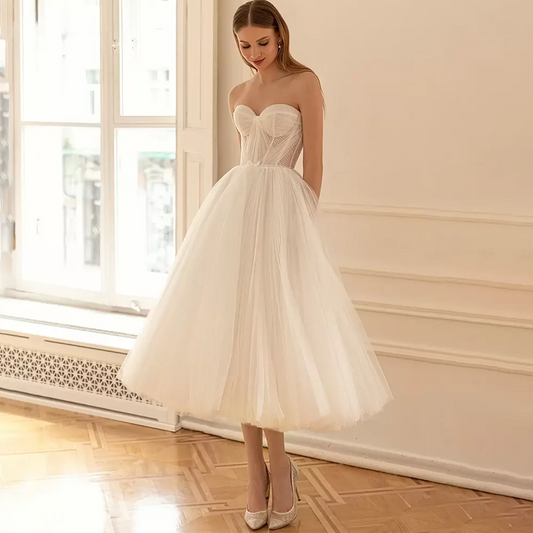 Newly Engaged Sweetheart Short Dress Sleeveless Mid-Calf Tulle Simple A-Line Gown Backless Zipper