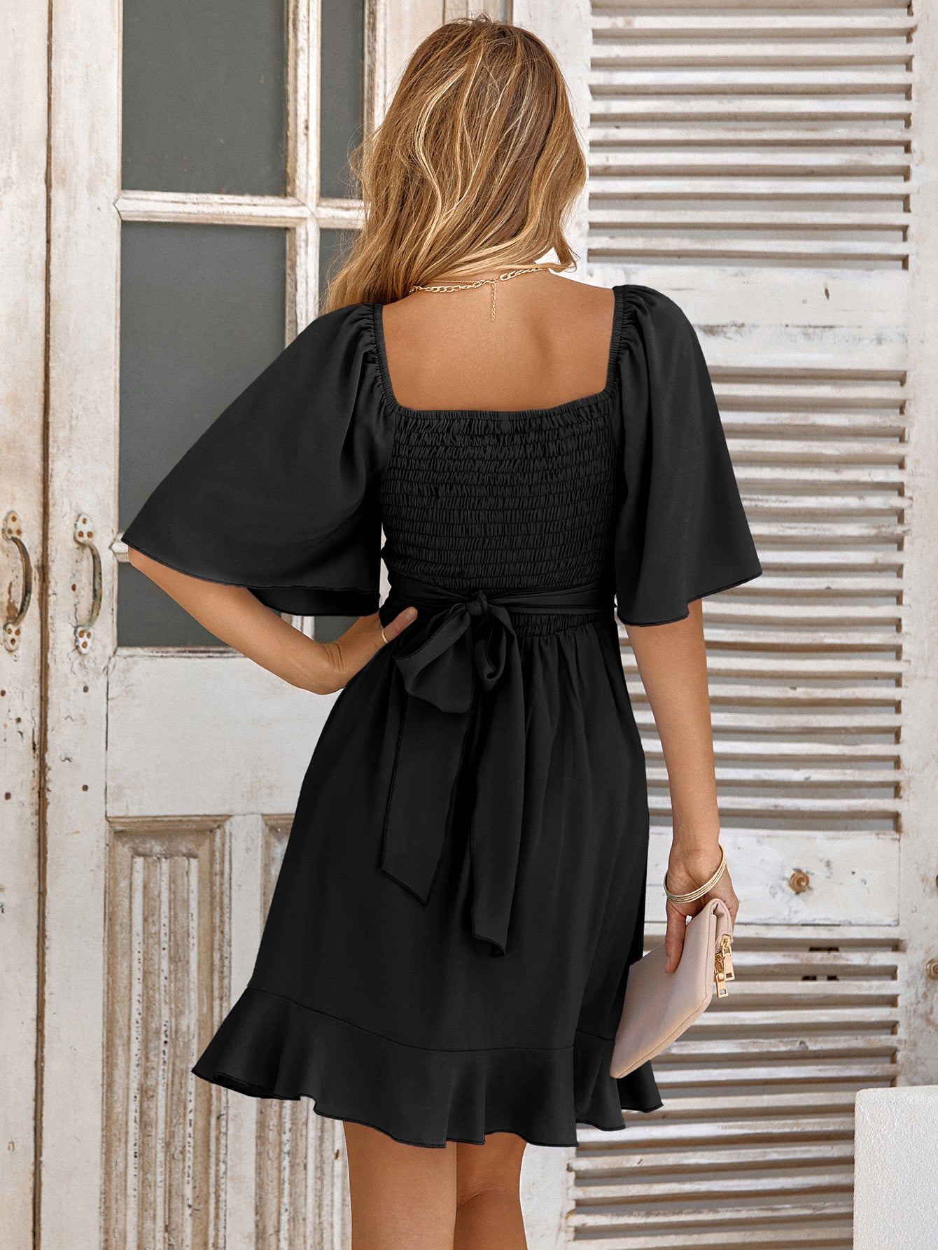 Newly Engaged Smocked Tie Back Ruffle Hem Dress