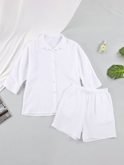 Newly Engaged Texture Button Up Shirt and Shorts Set